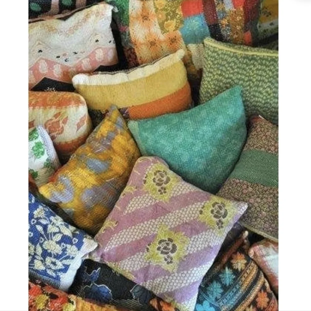 NWT Vintage One Of A Kind Sari Kantha Pillow-22in Black and Orange Floral